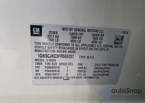 2015 Chevrolet Suburban C1500 Lt z USA, uszkodzony, nr VIN 1GNSCJKC3FR560037